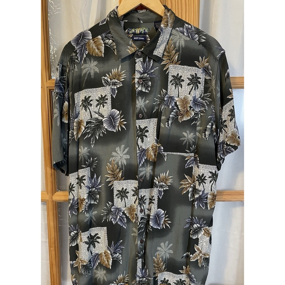 Campa Hawaiian Button Up Shirt Men's XL Gray Green Short Sleeve Beach Tropical